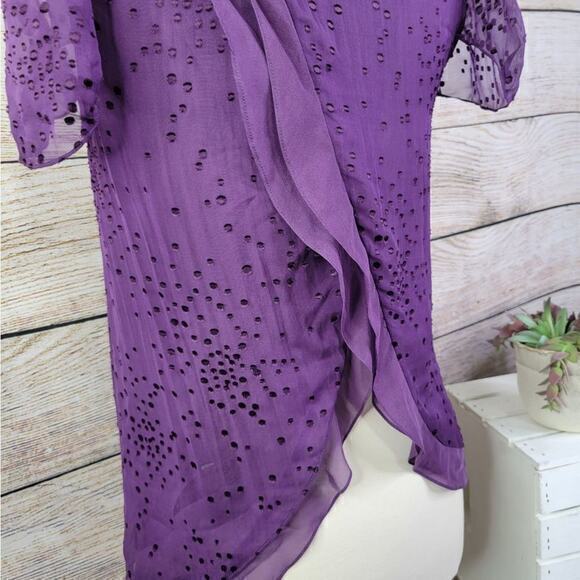 Rebecca Taylor Ruffle Cap Sleeve Perforated Purple Short Sleeve Top 2 - Picture 6 of 6